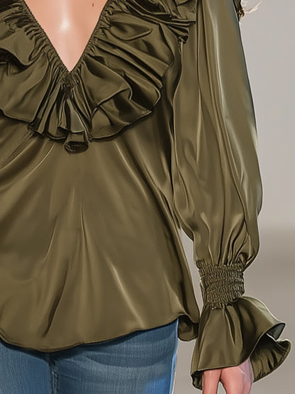 Casual And Stylish Ruffle Trim Olive Green V-neck Satin Shirt