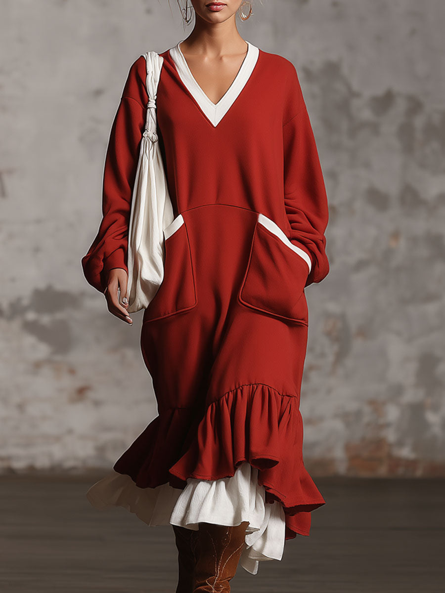 Loose-fitting, Sporty V-neck Color-block Long-sleeved Midi Dress
