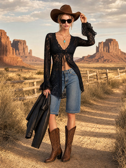 Elegant Retro Black Lace-up Ruffled Long-sleeved Shirt