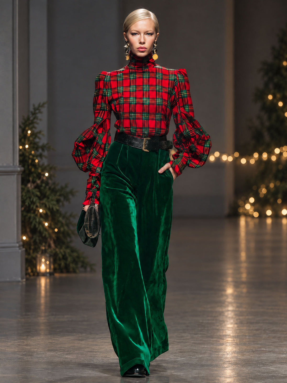 Trendy Retro Plaid Velvet Turtleneck Long-sleeved T-shirt And Wide-leg Pants Set