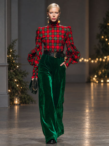 Trendy Retro Plaid Velvet Turtleneck Long-sleeved T-shirt And Wide-leg Pants Set