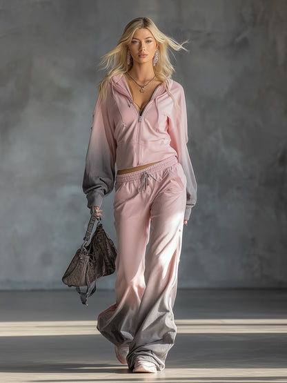 Trendy Sporty Pink Gradient Gray Hoodie And Wide-leg Pants Set