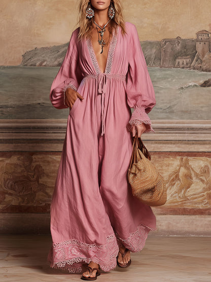 Pink V-neck Tie-waist Patchwork Lace Cotton And Linen Long-sleeved Maxi Dress