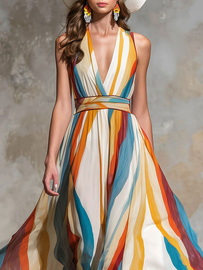 Vacation Retro Rainbow Striped Chiffon Sleeveless Maxi Dress