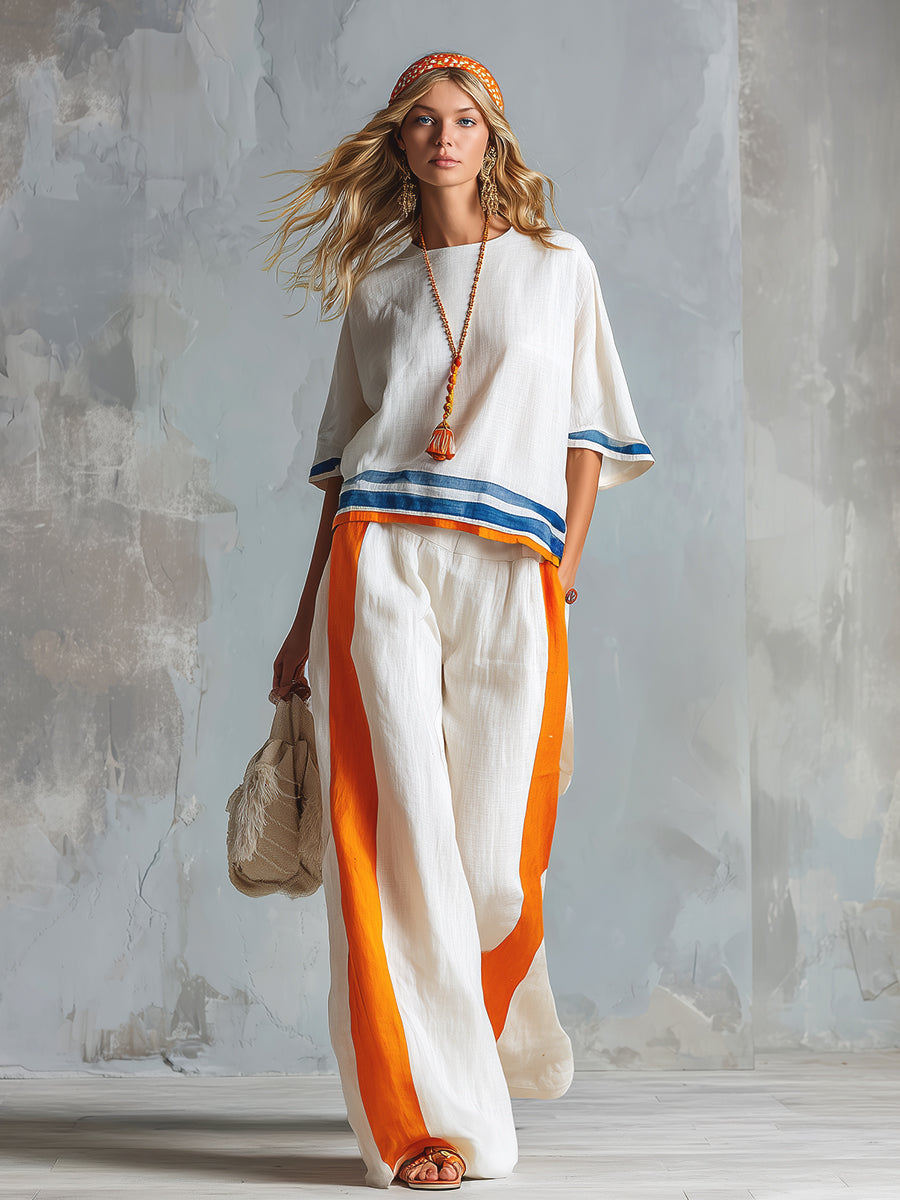 Casual Urban Style Contrast-Trimmed White T-Shirt &amp; Wide-Leg Pants Cotton-Linen Set