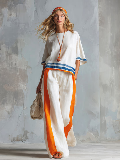 Casual Urban Style Contrast-Trimmed White T-Shirt &amp; Wide-Leg Pants Cotton-Linen Set