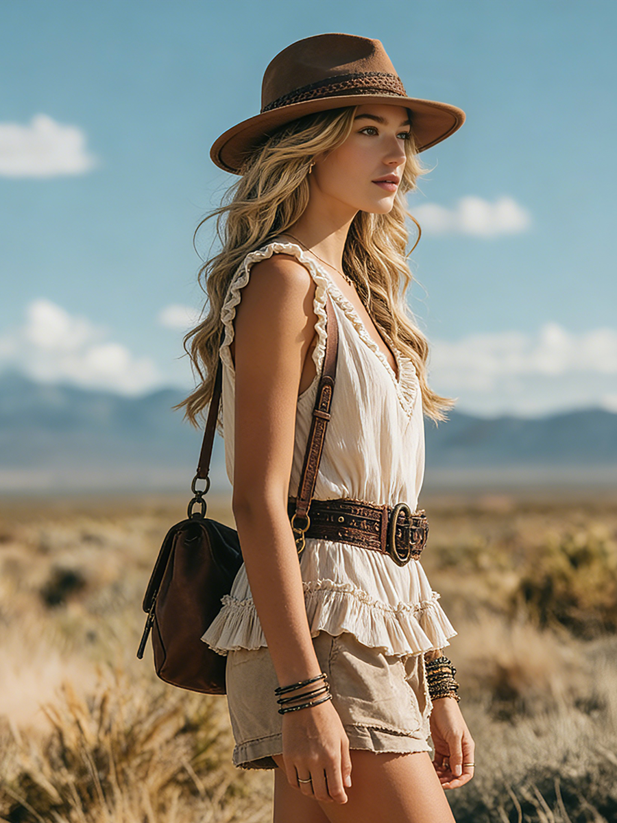 Western Bohemian Style V-neck Sleeveless Ruffled Chiffon Top