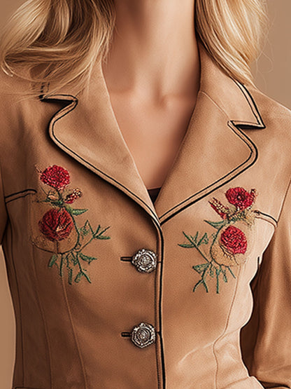 Vintage Western-style Embroidered Brown Lapel Faux Suede Blazer