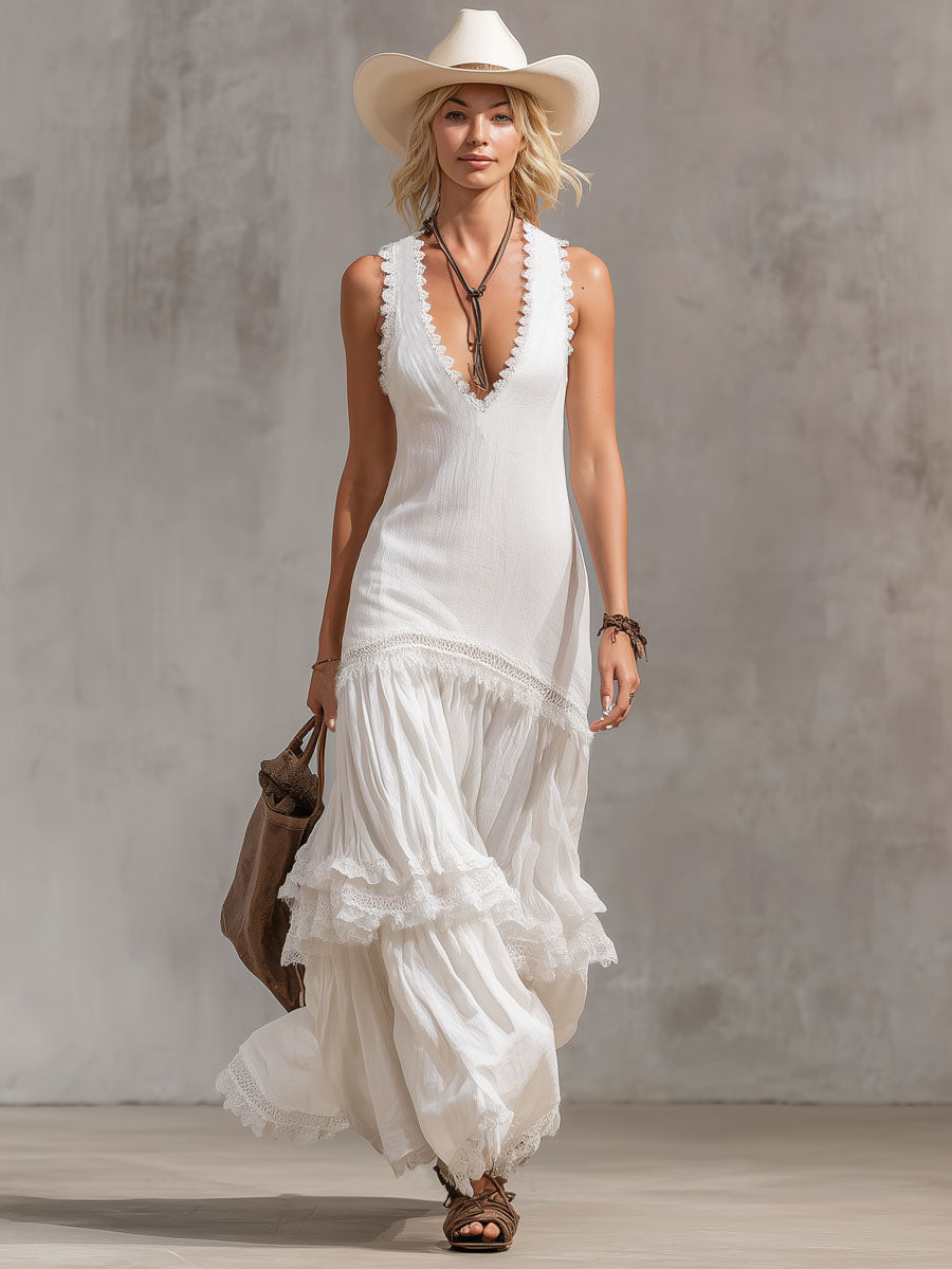 V-neck Lace Trim Cotton And Linen Sleeveless Maxi Dress