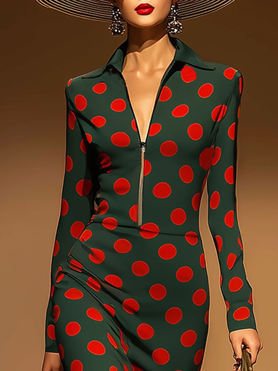 Retro Casual Red Polka Dot Green Half-zip Maxi Dress