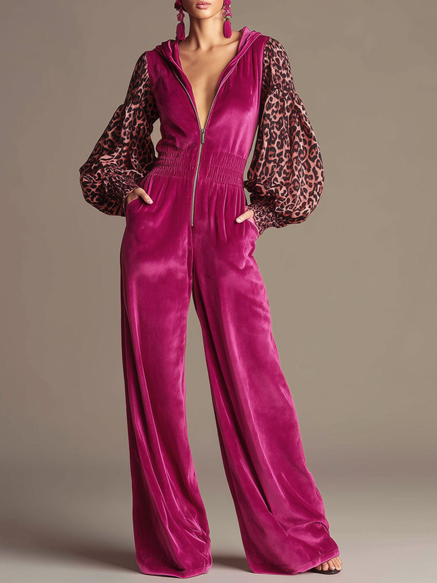 Casual Retro Long-Sleeved Chiffon Leopard Print Rose Red Velvet Wide-Leg Hooded Jumpsuit