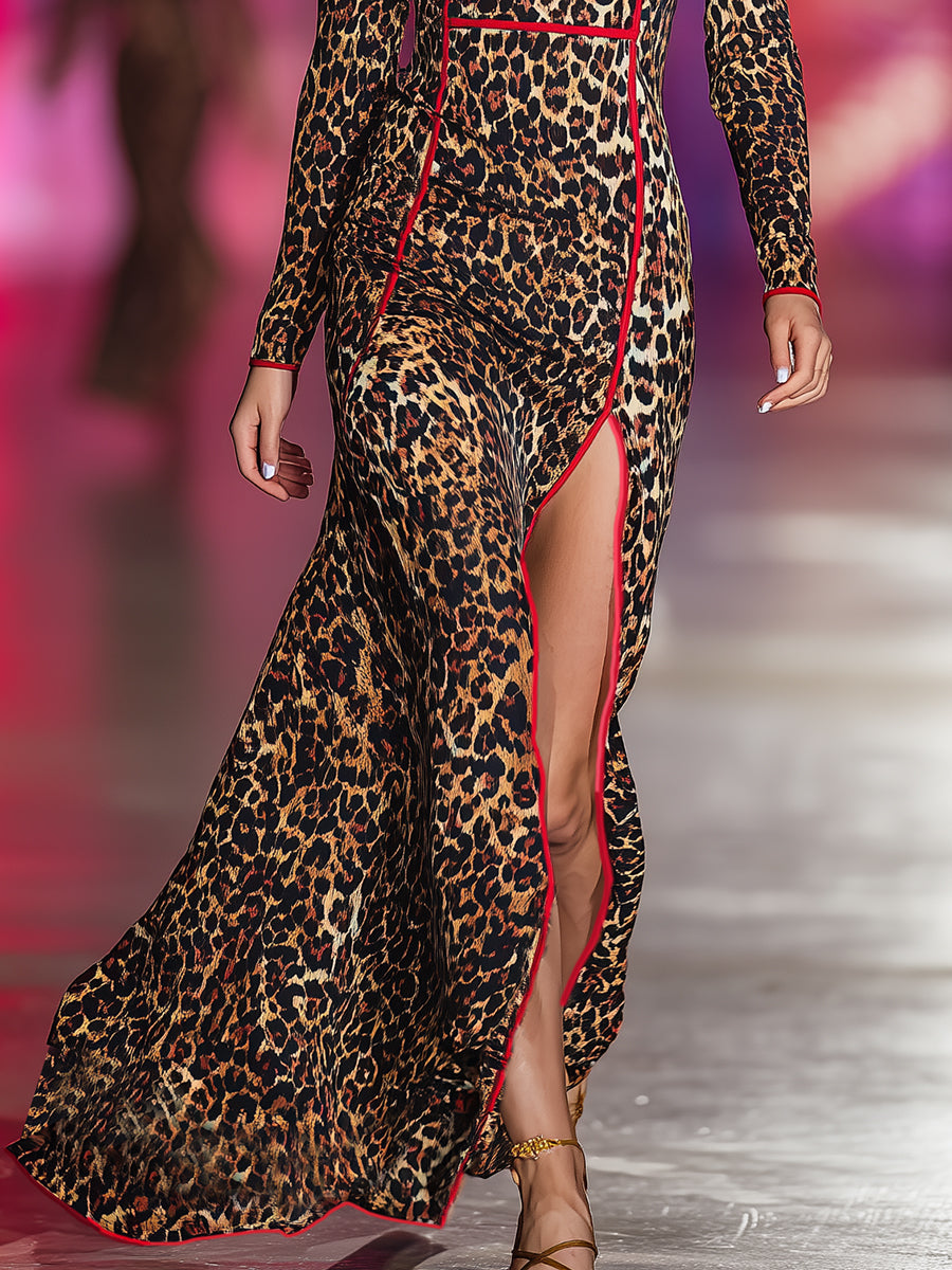 Retro-chic Red-trimmed Leopard Print Maxi Dress With Slit