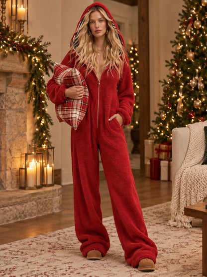 Casual Loose Striped Hooded Red Fleece Jumpsuit