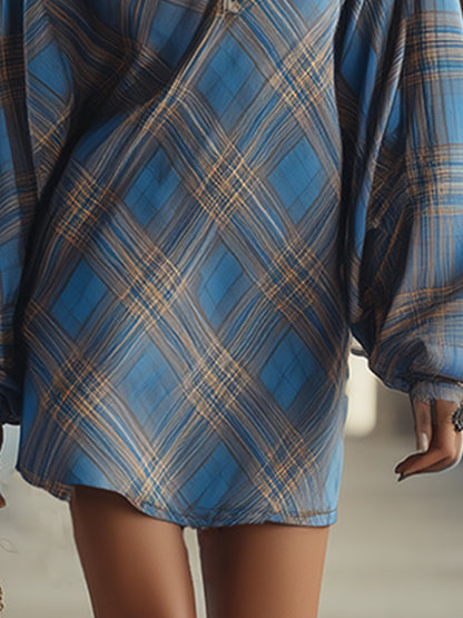 Trendy Urban Sporty Blue Plaid Half-zip Hooded Sweatshirt Mini Dress