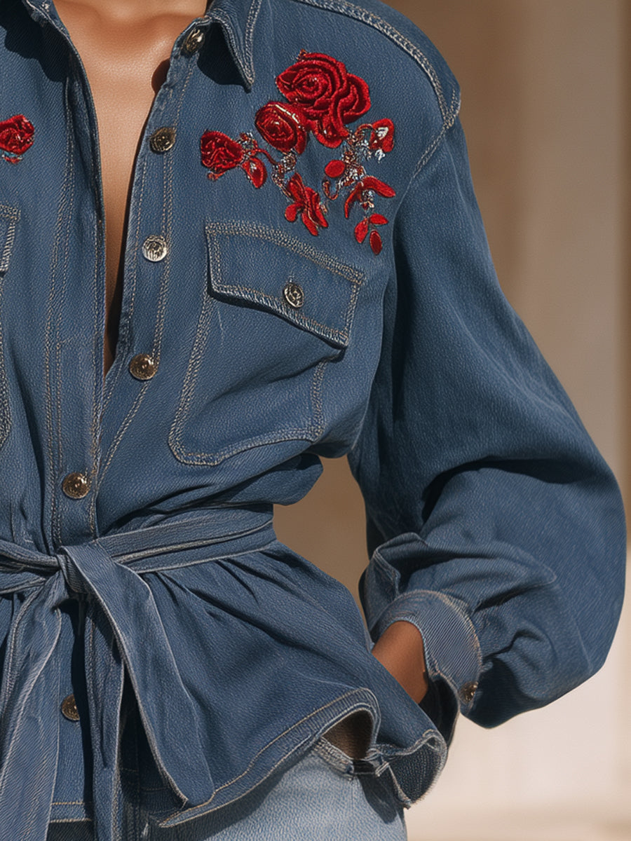 Casual Western Rose Embroidered Blue Denim Jacket
