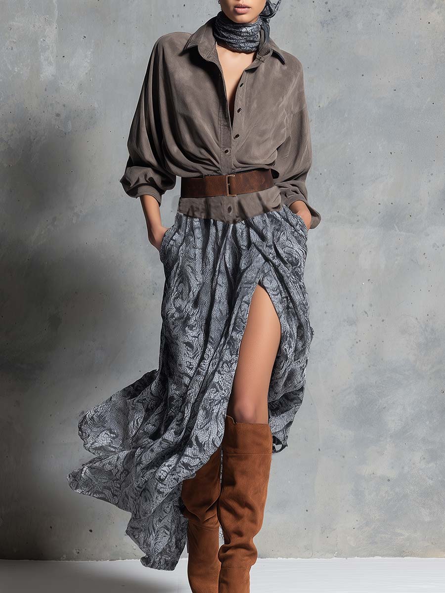 Vintage Western Flowing Front-buttoned Brown Suede And Chiffon Printed Hem Slit Maxi Dress
