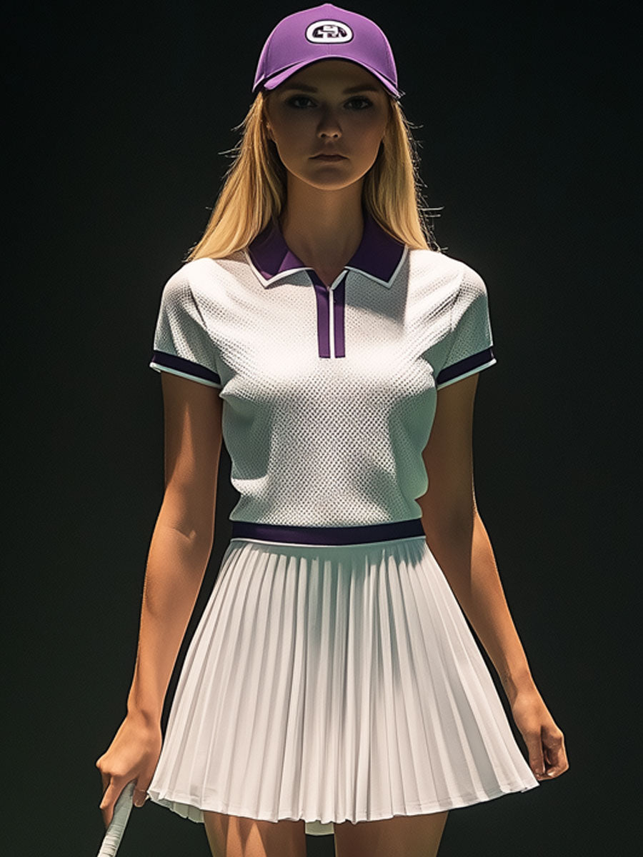 Fashion Sports Purple Trim White Polo Shirt Pleated Skirt Set