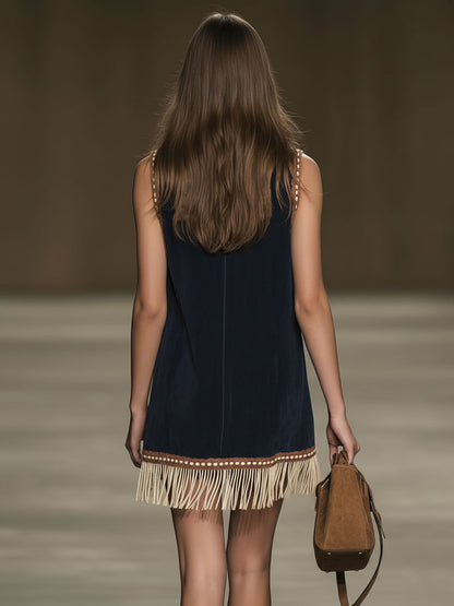 Western Retro Faux Suede Bohemian Style Embroidered Tassel Sleeveless Mini Dress