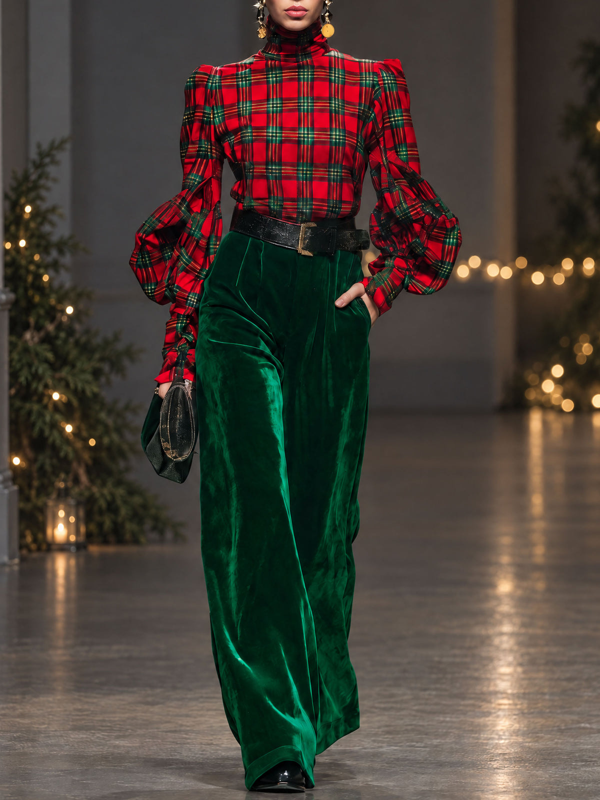 Trendy Retro Plaid Velvet Turtleneck Long-sleeved T-shirt And Wide-leg Pants Set