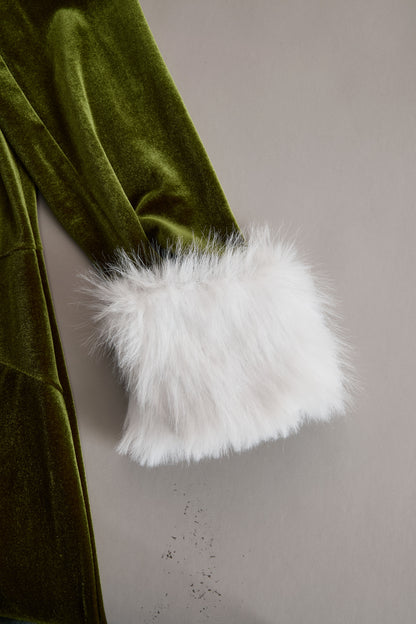 Fashion Retro Rose Red Velvet Faux Fur Collar Long Sleeve Flared Jumpsuit