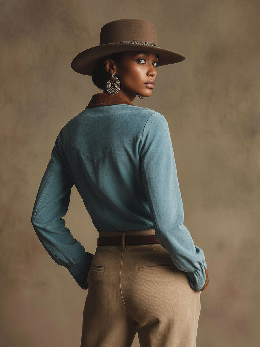 Western Retro Brown And Blue Faux Suede Tassel Long-Sleeved Shirt