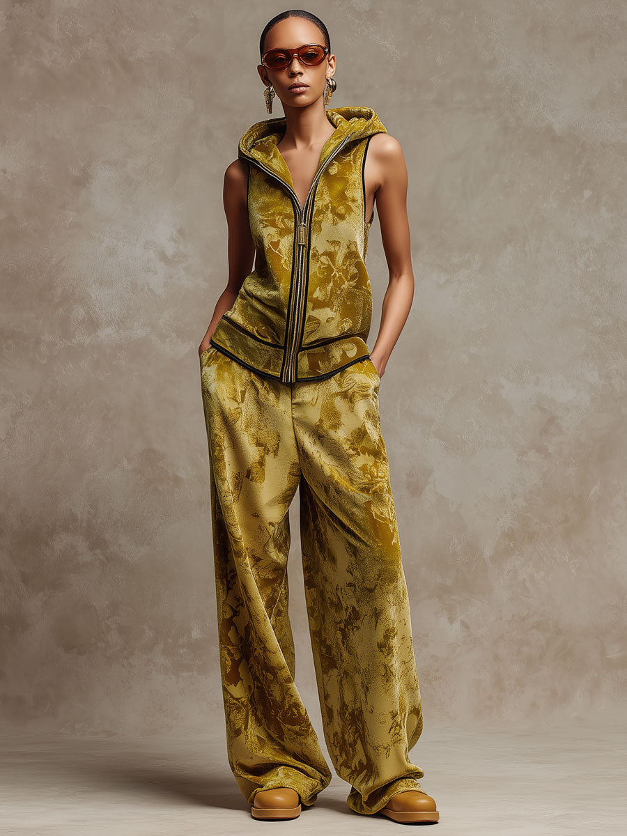 Sporty Retro Camouflage Yellow-Green Velvet Sleeveless Hoodie Wide-Leg Pants Set