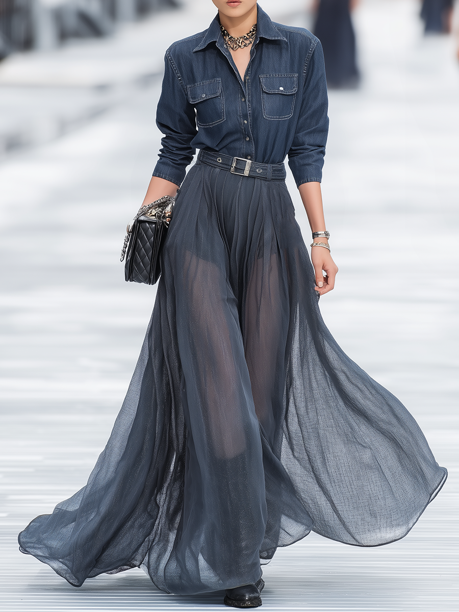 High-end Stylish Detachable Sheer Long Skirt Denim Shorts Jumpsuit Two-piece Set