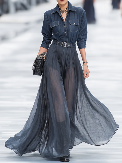 High-end Stylish Detachable Sheer Long Skirt Denim Shorts Jumpsuit Two-piece Set