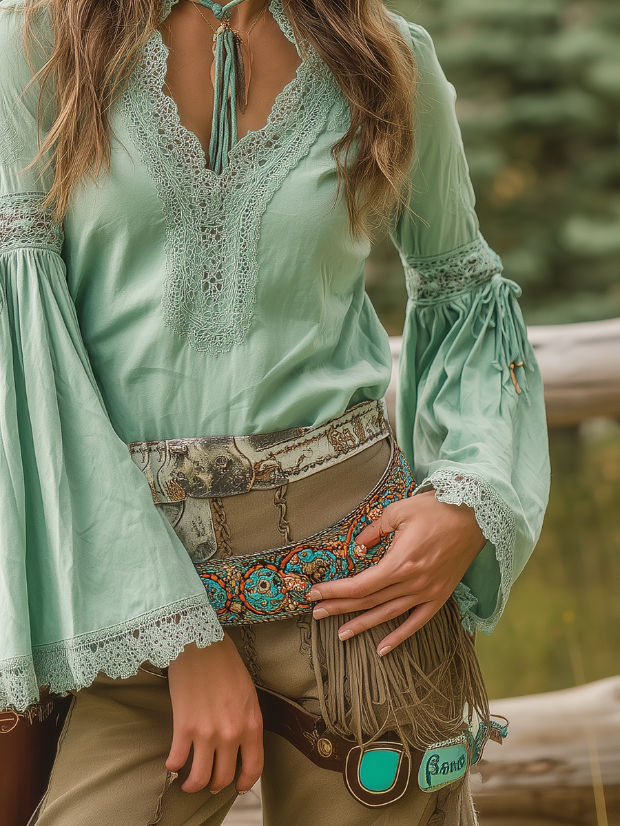 Romantic Bohemian Style Lace-paneled Flared-sleeve Light Green Shirt
