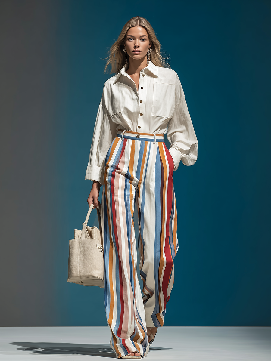 Retro Solid Color Shirt And Colorful Striped Wide-leg Pants Set