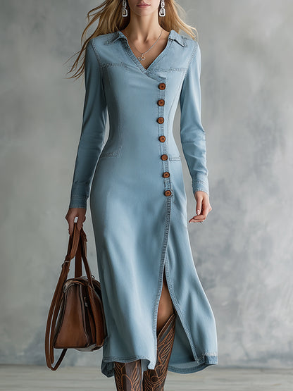 Retro Light Blue Denim Slanted Button V-neck Maxi Dress