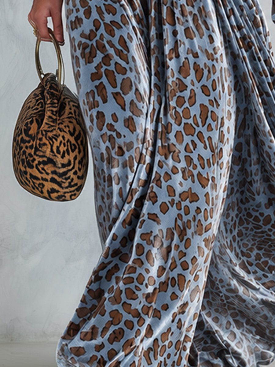 Retro-chic Blue Leopard-print Velvet Maxi Dress