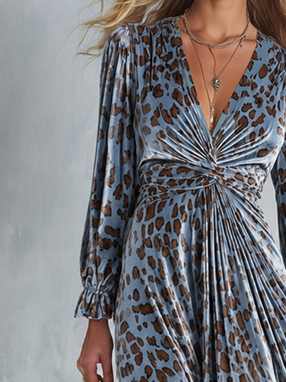 Retro-chic Blue Leopard-print Velvet Maxi Dress