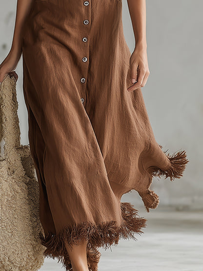 Retro Casual Striped Collar Brown Cotton And Linen Sleeveless Maxi Dress