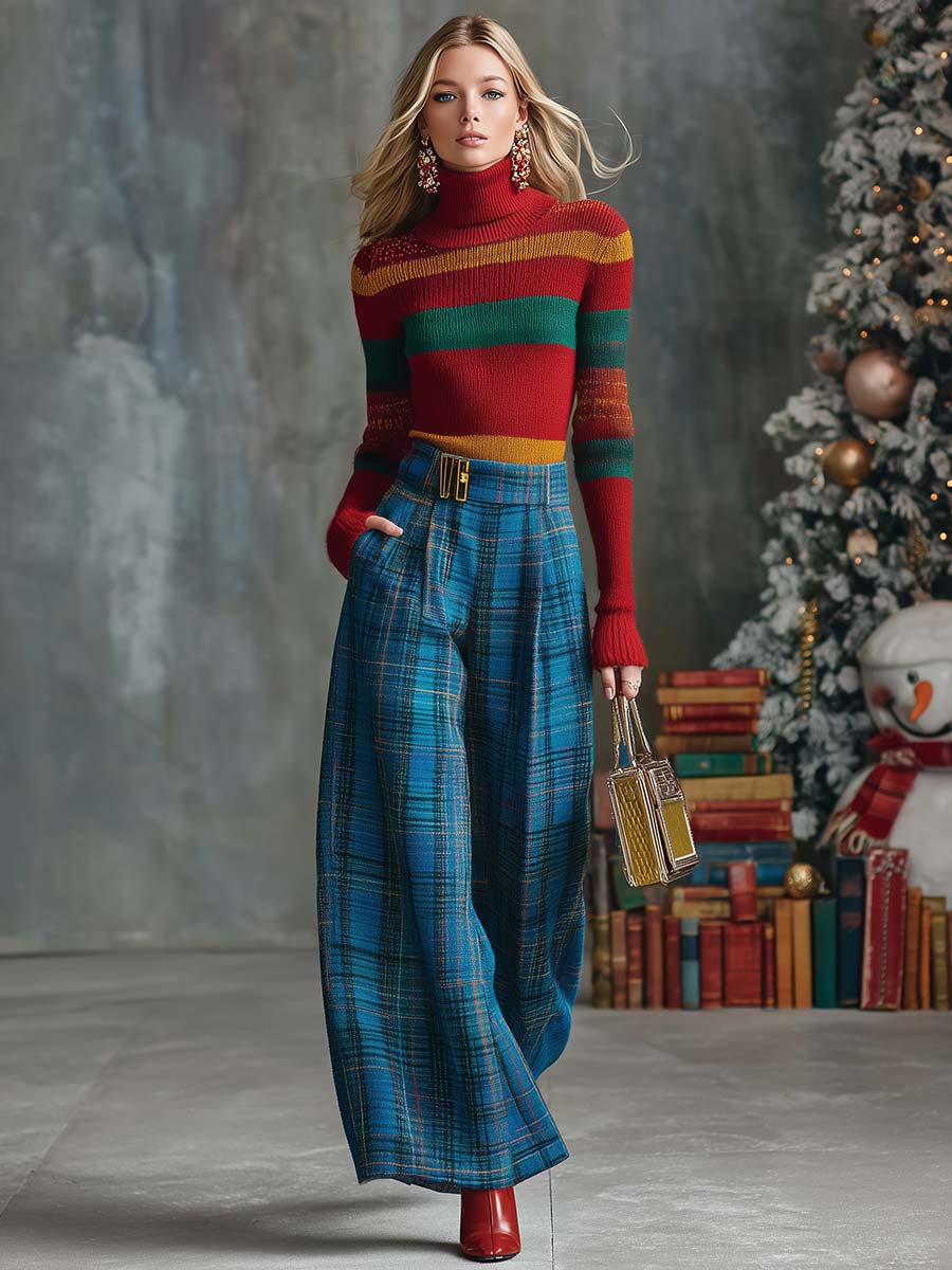 Vintage Fashion Versatile Blue Plaid Wide-leg Pants