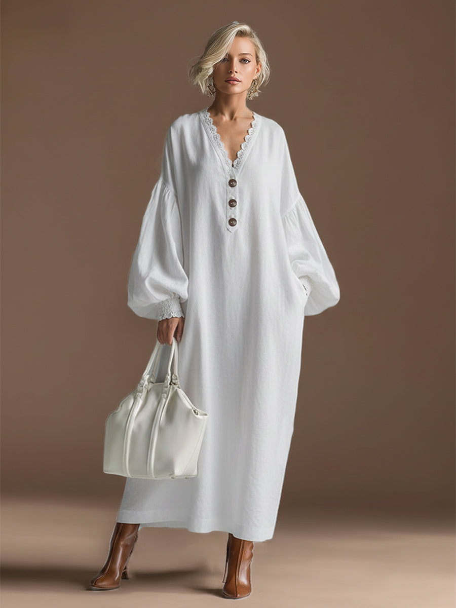 Elegant Urban Silhouette Lace Trim White Cotton And Linen Long-sleeved Maxi Dress