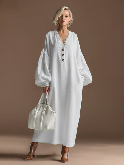 Elegant Urban Silhouette Lace Trim White Cotton And Linen Long-sleeved Maxi Dress
