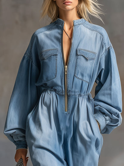Loose-fitting Stand-up Collar Zippered Multi-pocket Denim Midi Dress