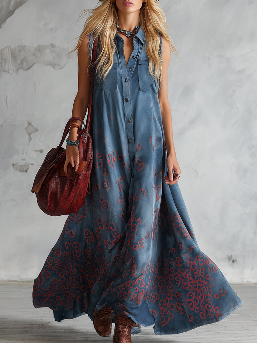 Vintage Western Style Loose Blue Faux Suede Printed Sleeveless Maxi Dress