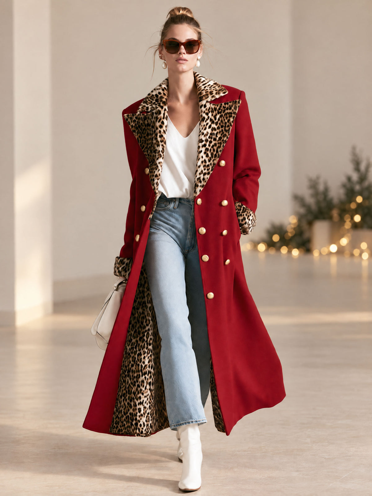 Elegant Retro Velvet Leopard Print Patchwork Red Coat