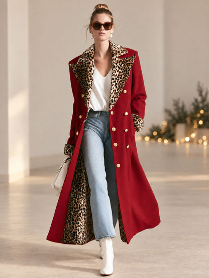 Elegant Retro Velvet Leopard Print Patchwork Red Coat