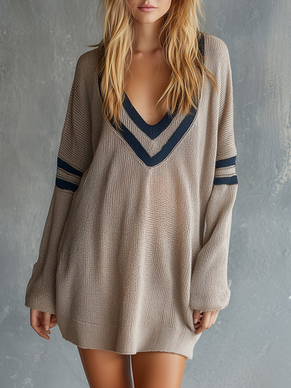 Casual Sporty Striped Khaki Lightweight Knitted Long-sleeved Mini Dress