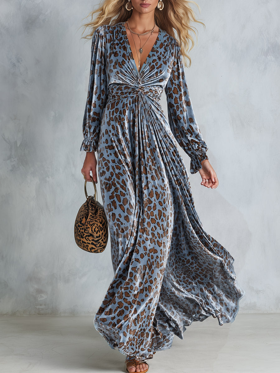 Retro-chic Blue Leopard-print Velvet Maxi Dress
