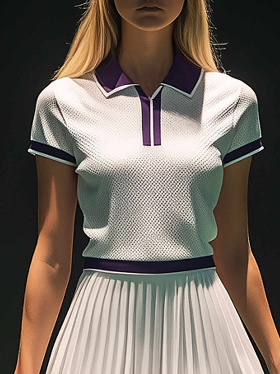 Fashion Sports Purple Trim White Polo Shirt Pleated Skirt Set