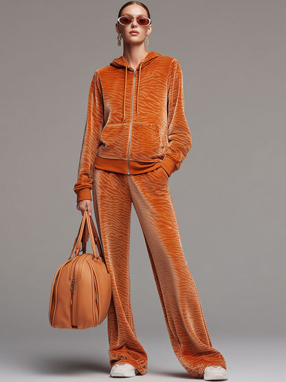 Sporty Retro Orange Zebra Print Velvet Hooded Sweatshirt And Wide-Leg Pants Set