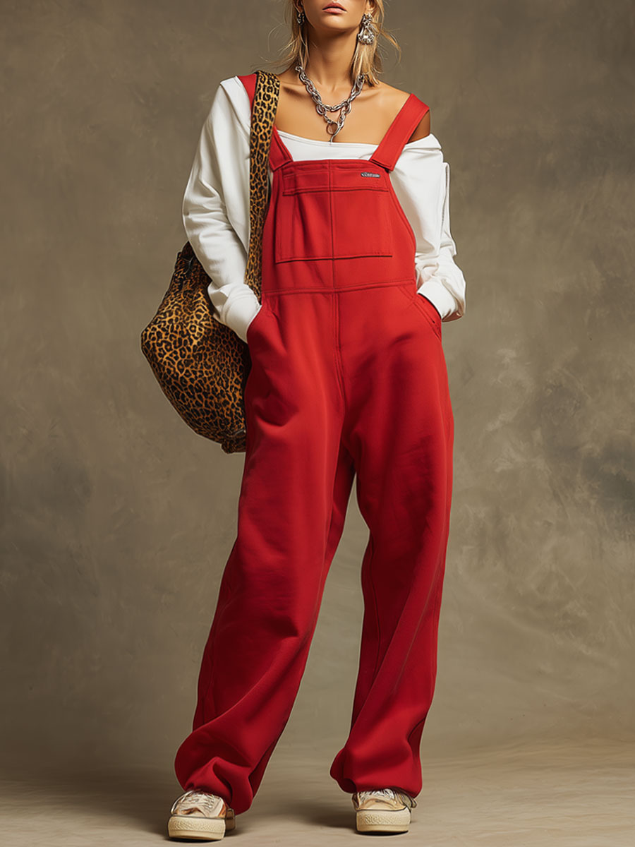 Sporty Retro Embroidered Red Cotton Blend Overalls Sleeveless Jumpsuit