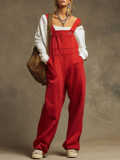 Sporty Retro Embroidered Red Cotton Blend Overalls Sleeveless Jumpsuit
