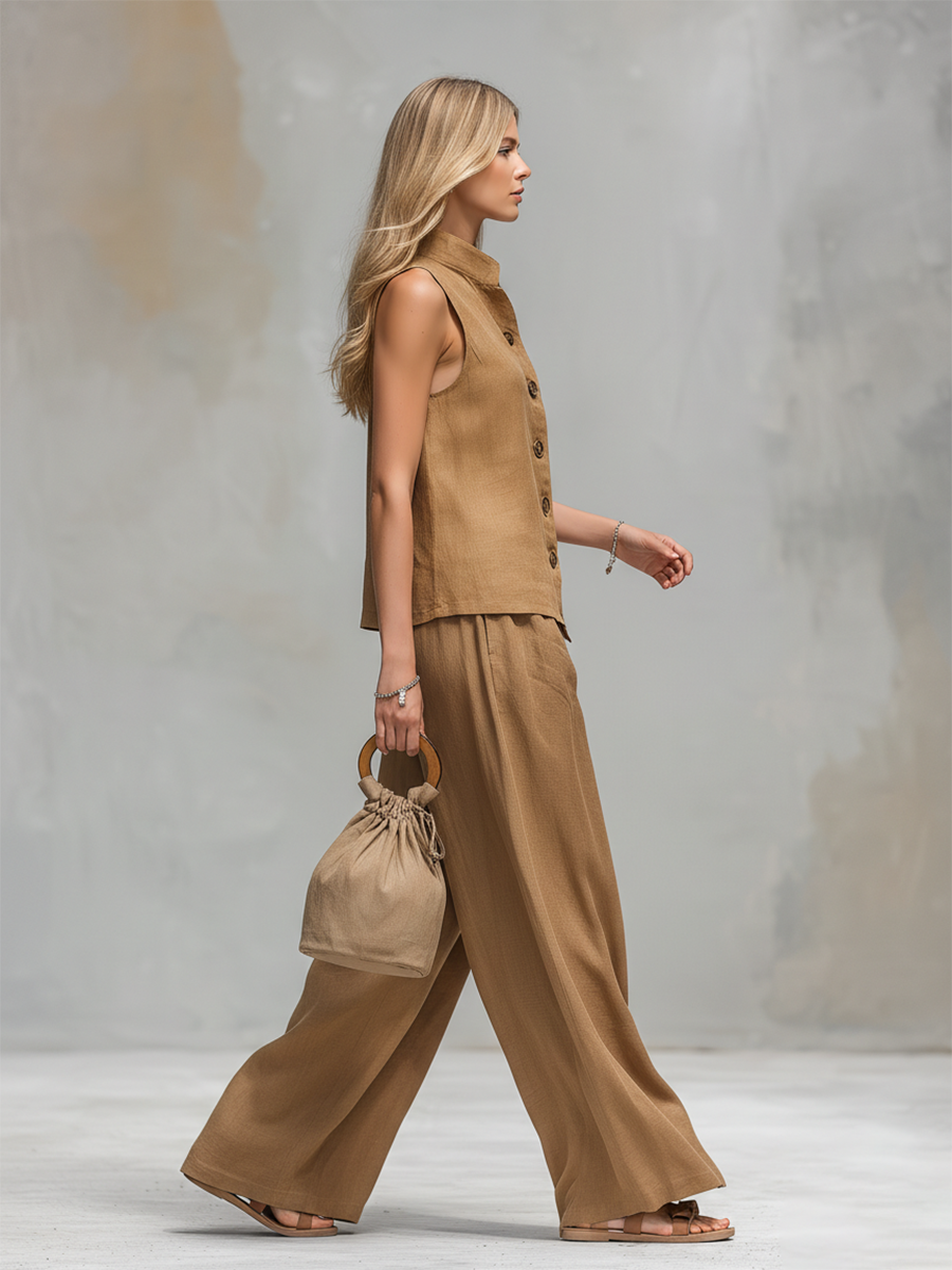 Comfortable And Casual V-neck Sleeveless Button-down Top And Trousers Set