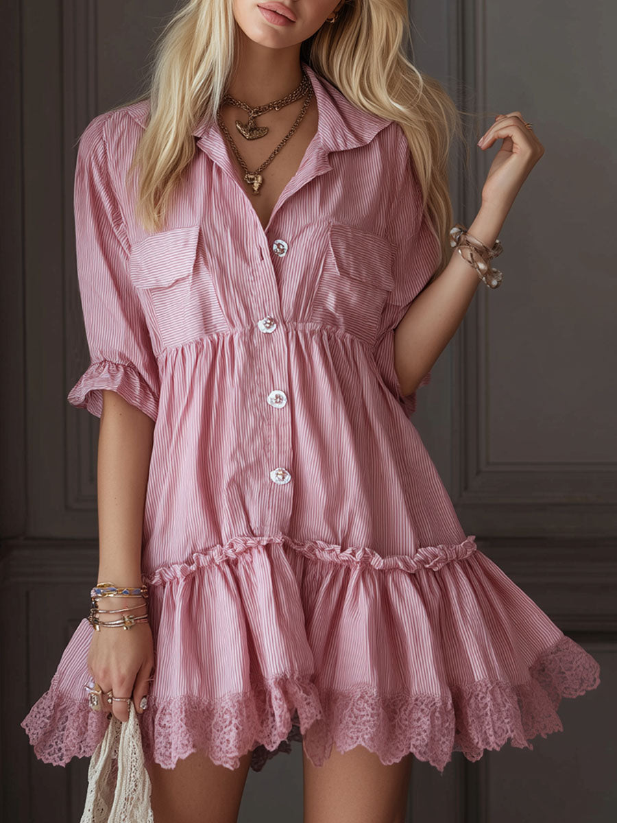 Cotton And Linen Striped Lapel Double Pocket Short-sleeved Mini Dress