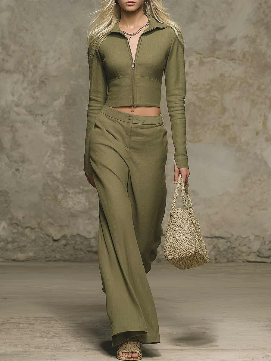 Western-style Olive Green Linen Zip-up Top And Wide-leg Pants Set